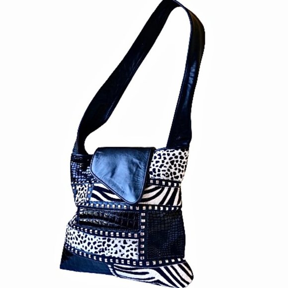 Vintage Genuine Leather Calf Hair Patchwork Shoulder Bag Mixed Prints - Picture 10 of 14